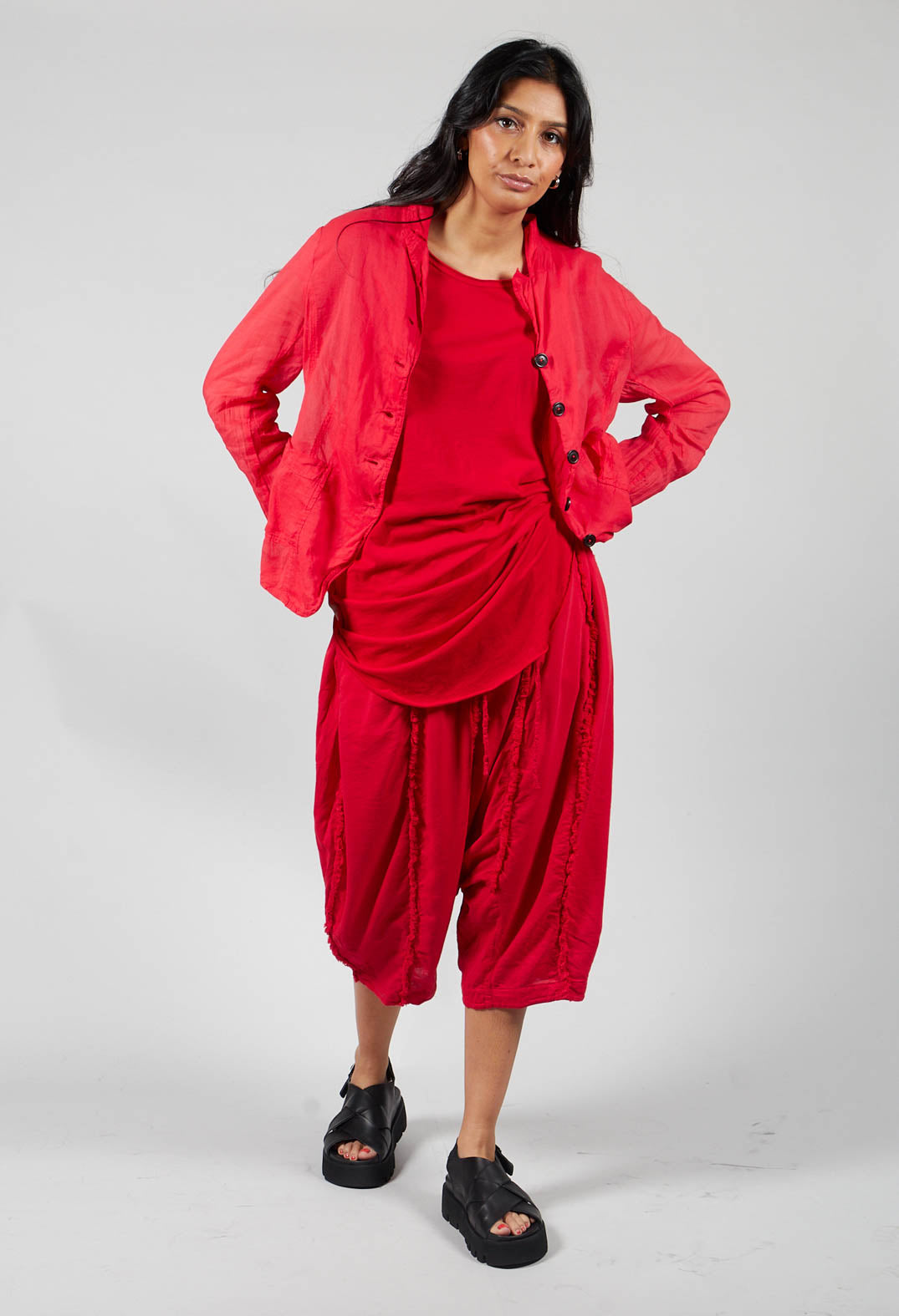 Loose Fit Drop Crotch Cropped Trousers in Red