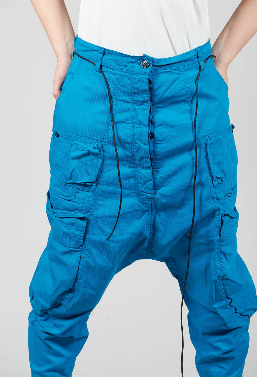 Drop Crotch Trousers with Side Pockets in Blue