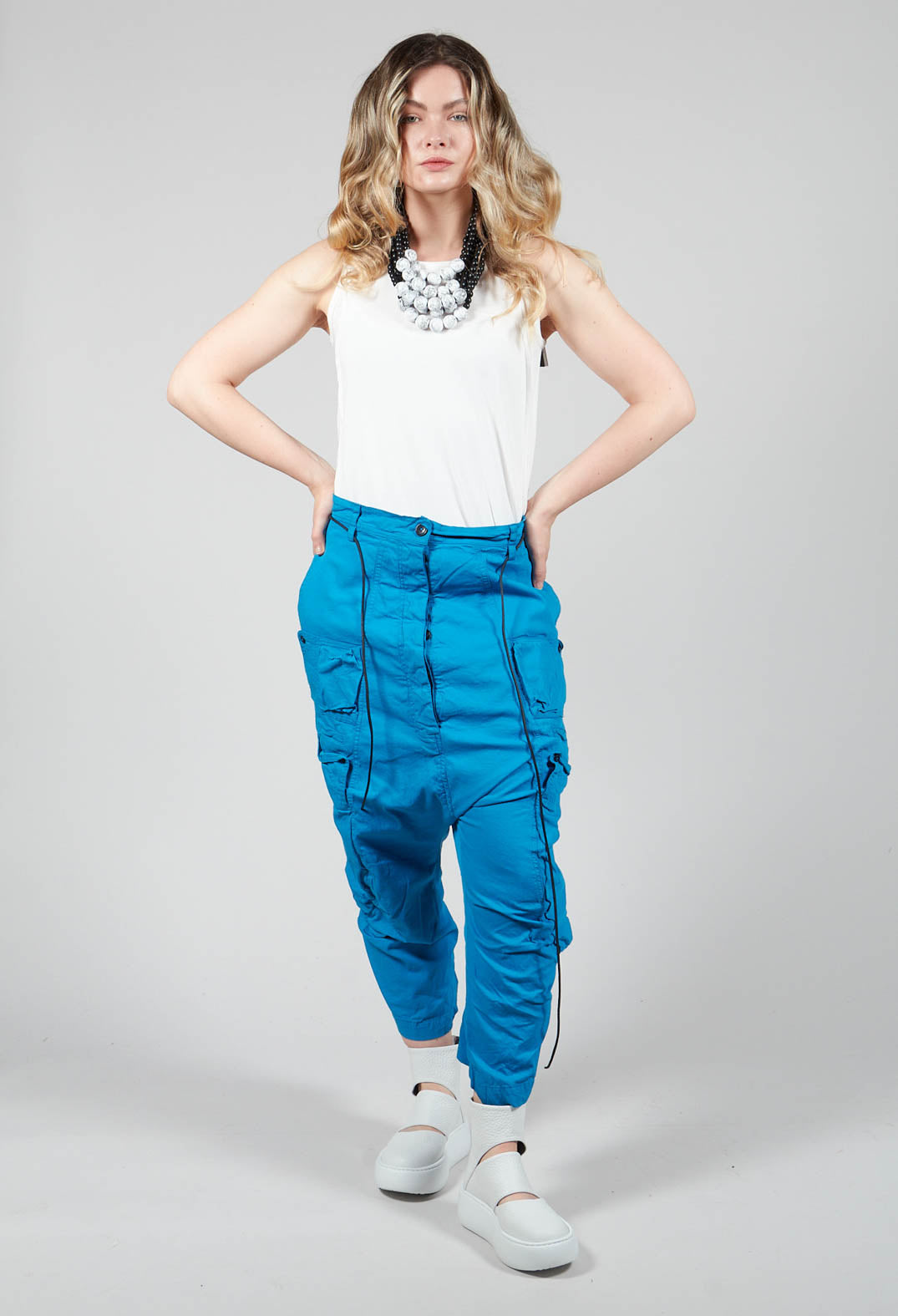 Drop Crotch Trousers with Side Pockets in Blue