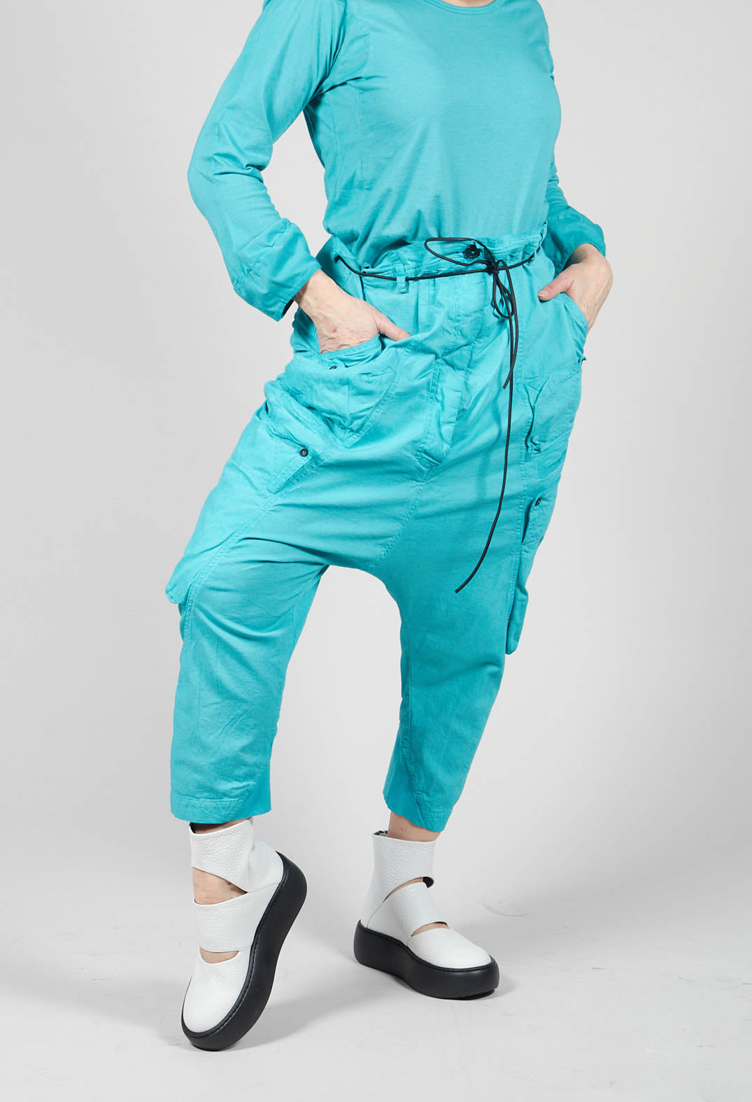 Long Leg Drop Crotch Trousers in Aqua