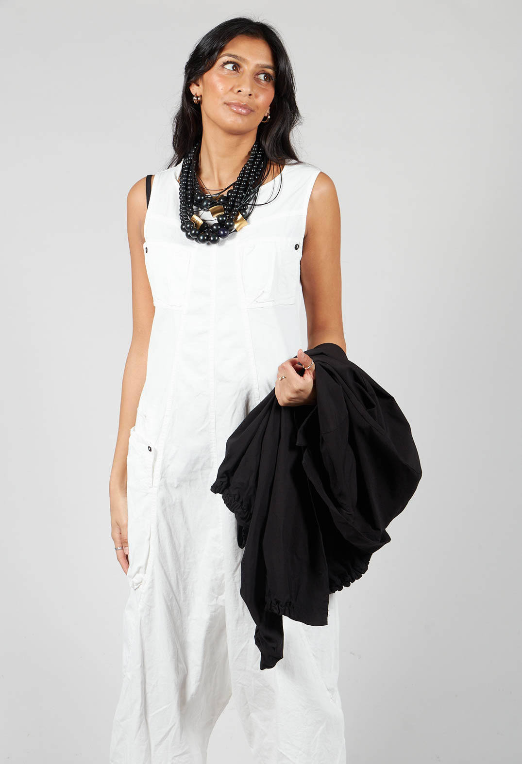 Sleeveless Drop Crotch Overalls in Star White
