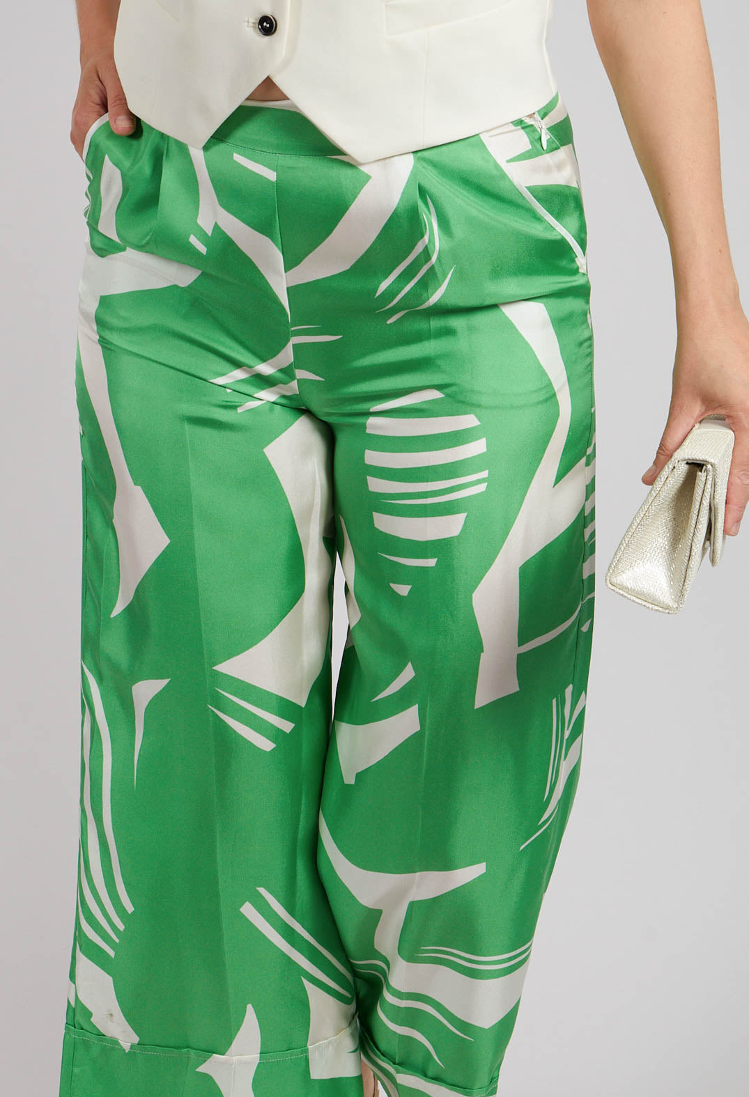 Wide Leg Silk Trousers in Green Macro Print