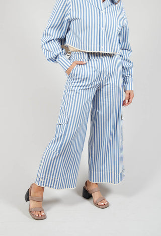 person wearing striped wide leg trousers in blue