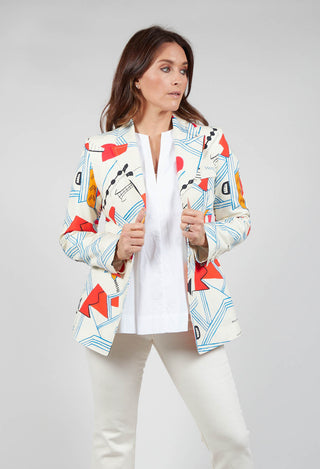lady wearing a jacket in matisse print