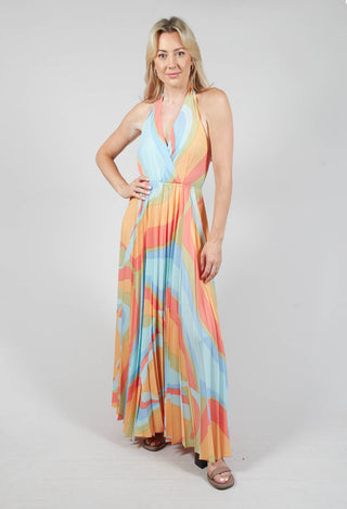 Pleated Silk Maxi Dress in Shades Print