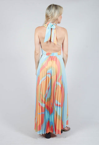 Pleated Silk Maxi Dress in Shades Print