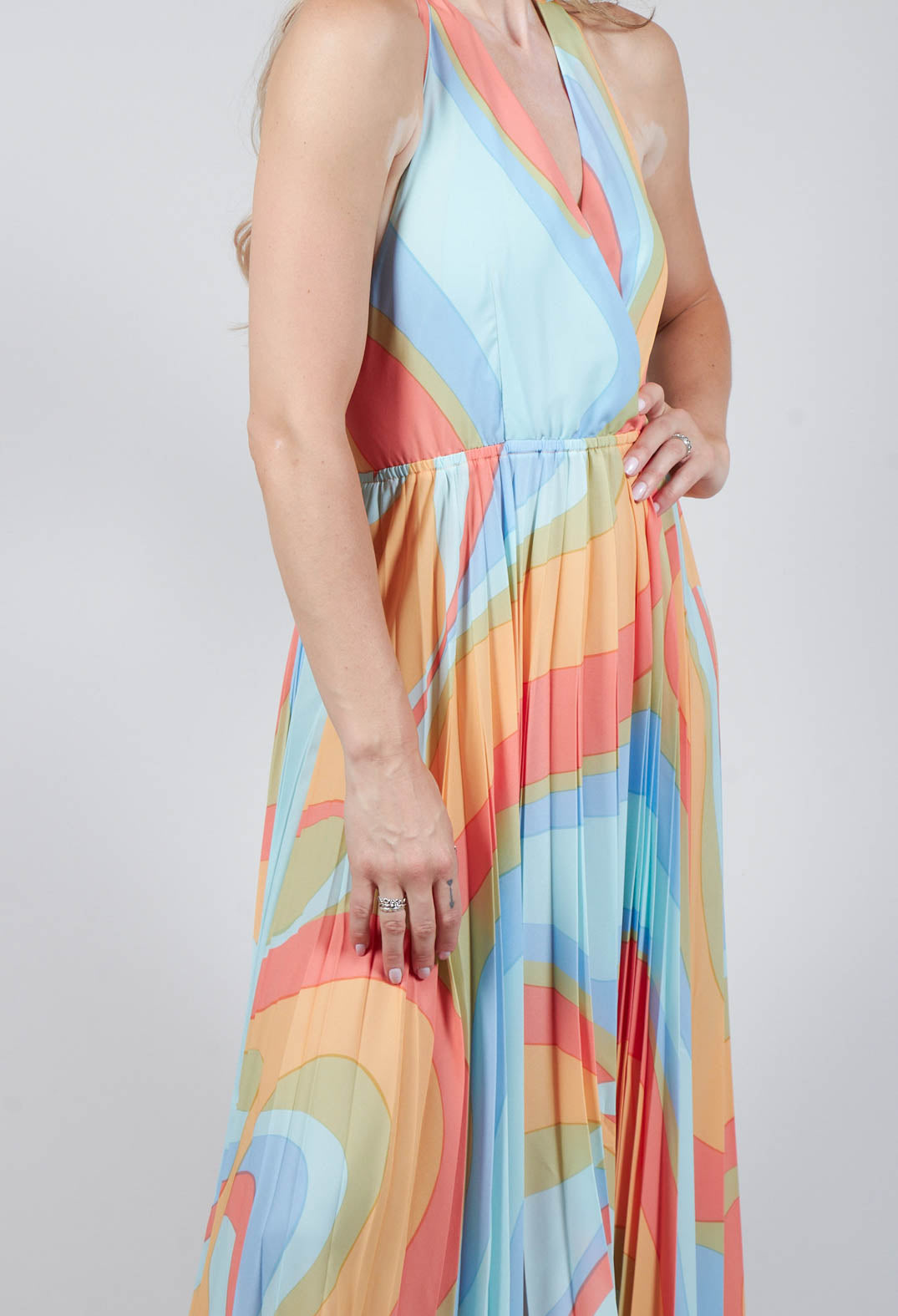 Pleated Silk Maxi Dress in Shades Print