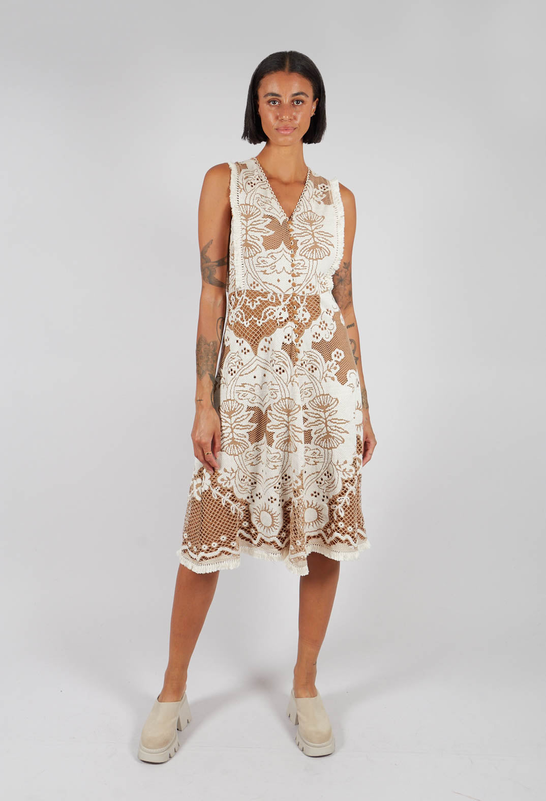 Sleeveless Dress with Lace Overlay in Tan Brown