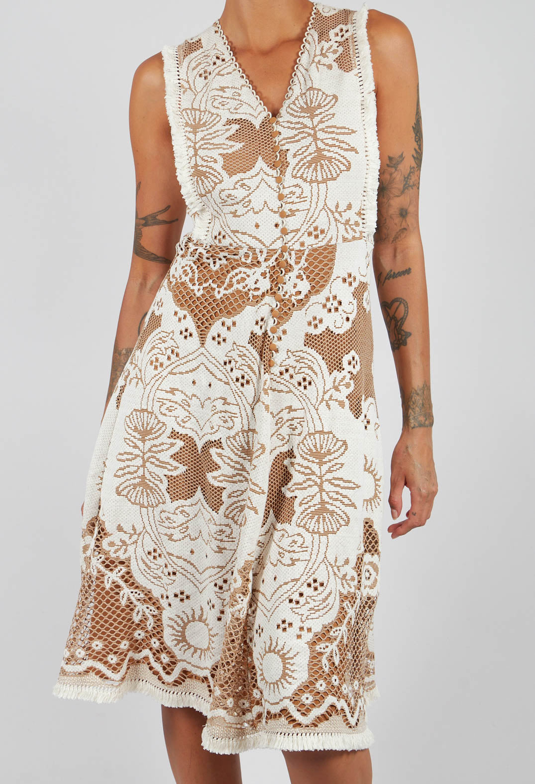 Beatrice B Sleeveless Dress with Lace Overlay in Tan Brown Olivia May Beatrice B Sleeveless Dress with Lace Overlay in Tan Brown Olivia May