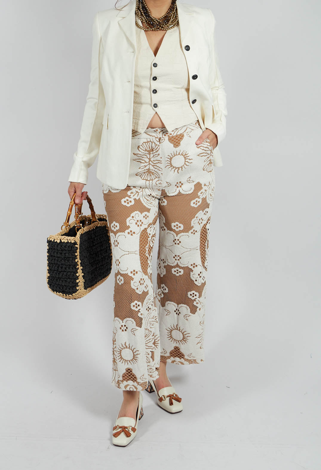 Straight Leg Trousers with Lace Detail in Tan Brown