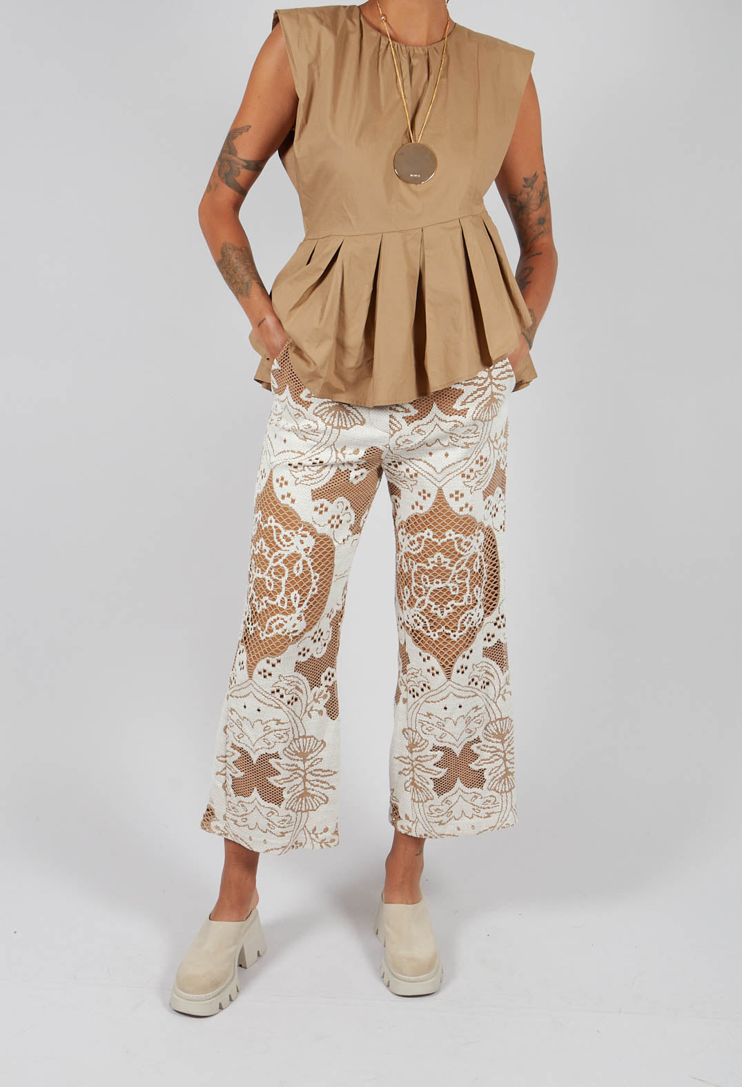 Straight Leg Trousers with Lace Detail in Tan Brown