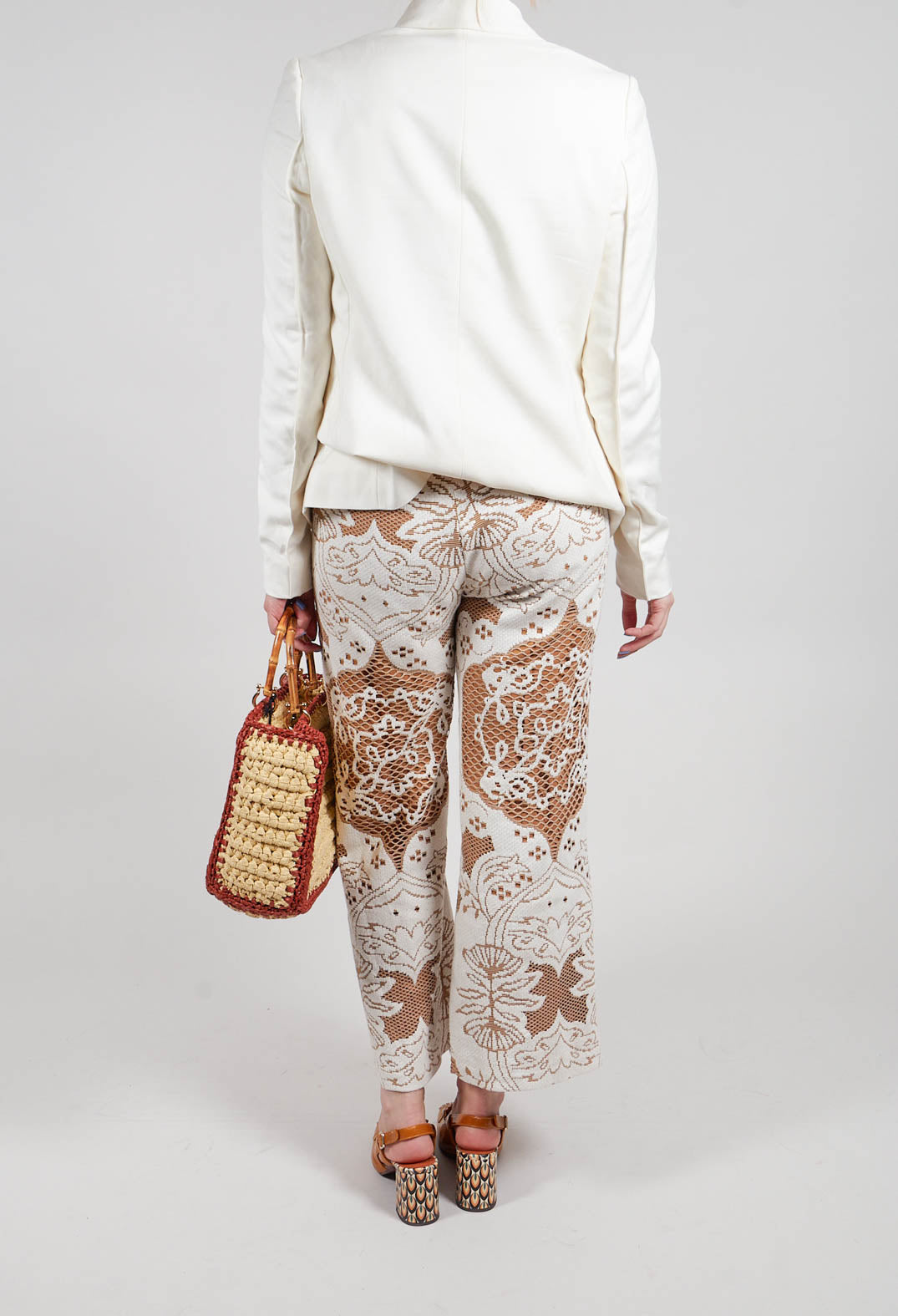 Straight Leg Trousers with Lace Detail in Tan Brown
