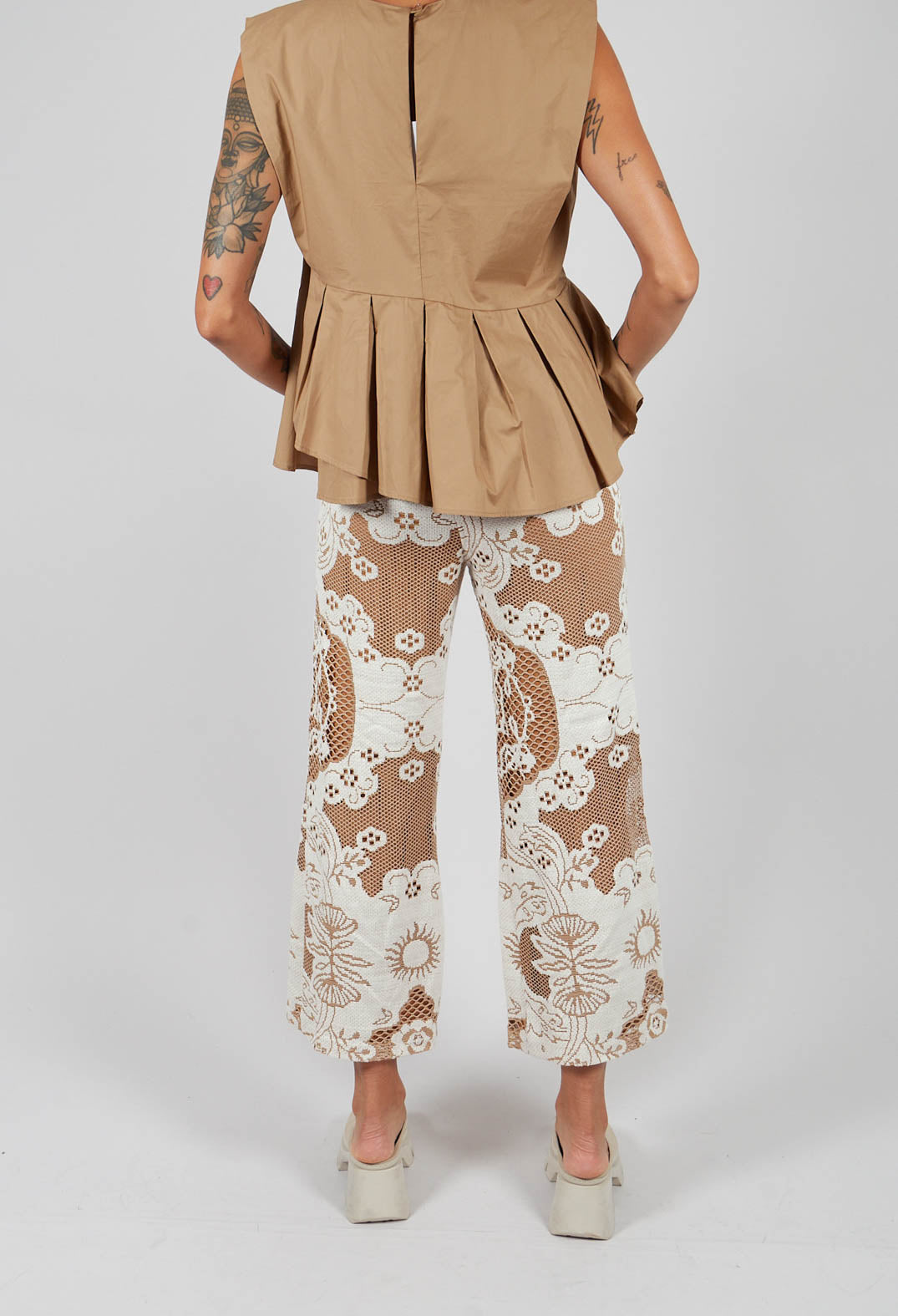 Straight Leg Trousers with Lace Detail in Tan Brown