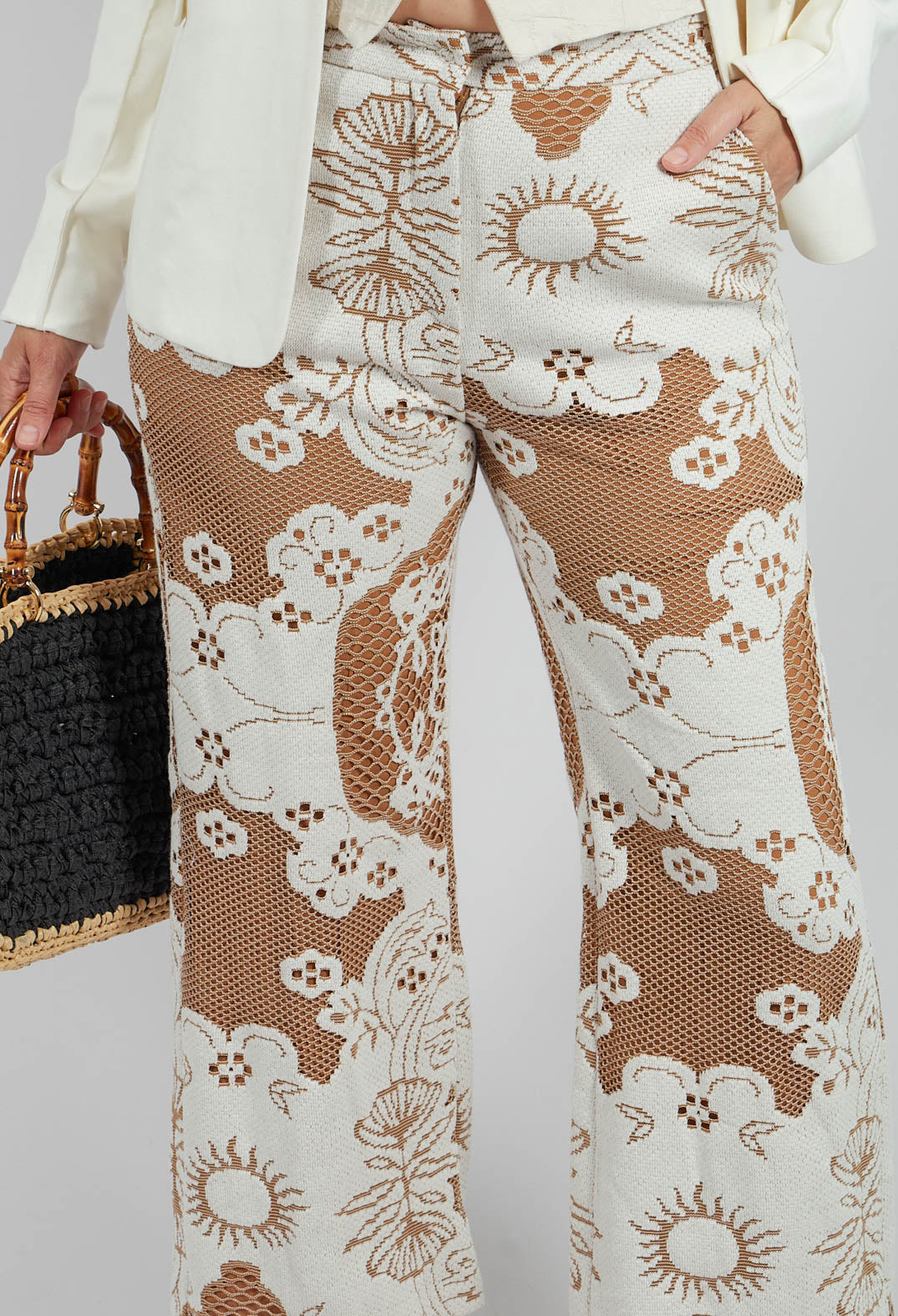Straight Leg Trousers with Lace Detail in Tan Brown