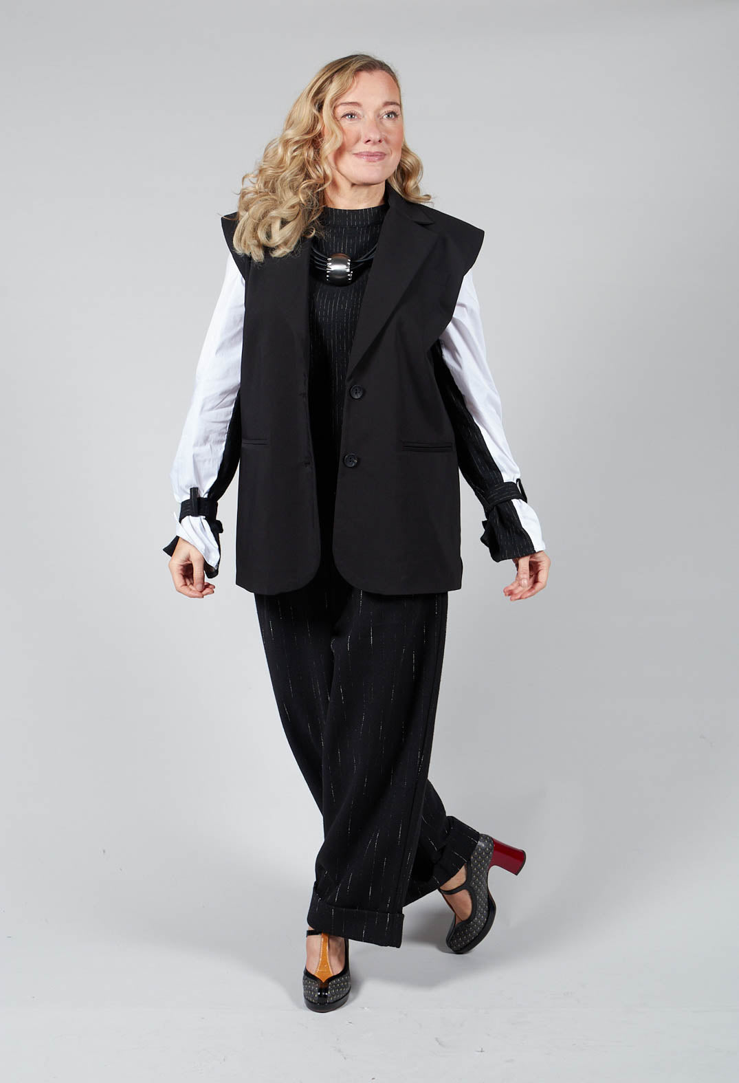 Striped Pleated Slacks in Black