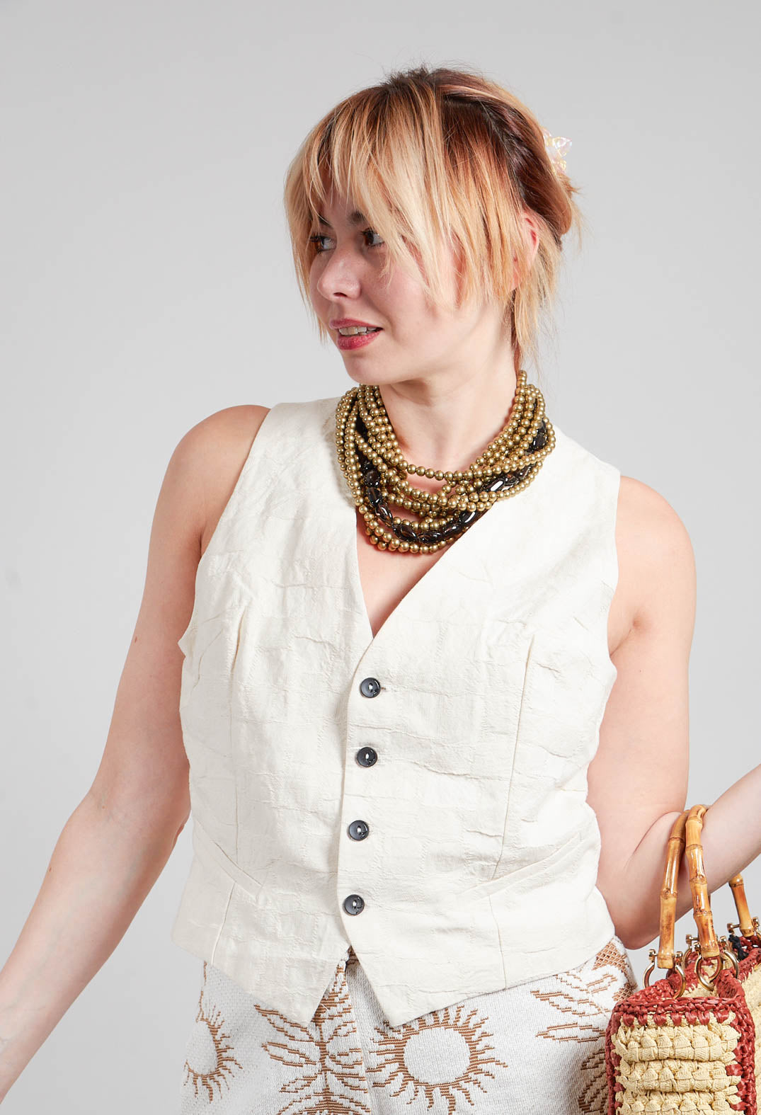 Cropped Textured Waistcoat in Natural