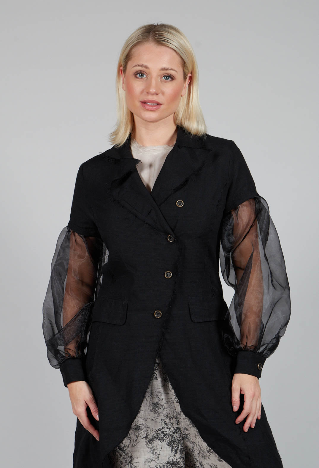 Longline Coat with Organza Sleeves in Nero