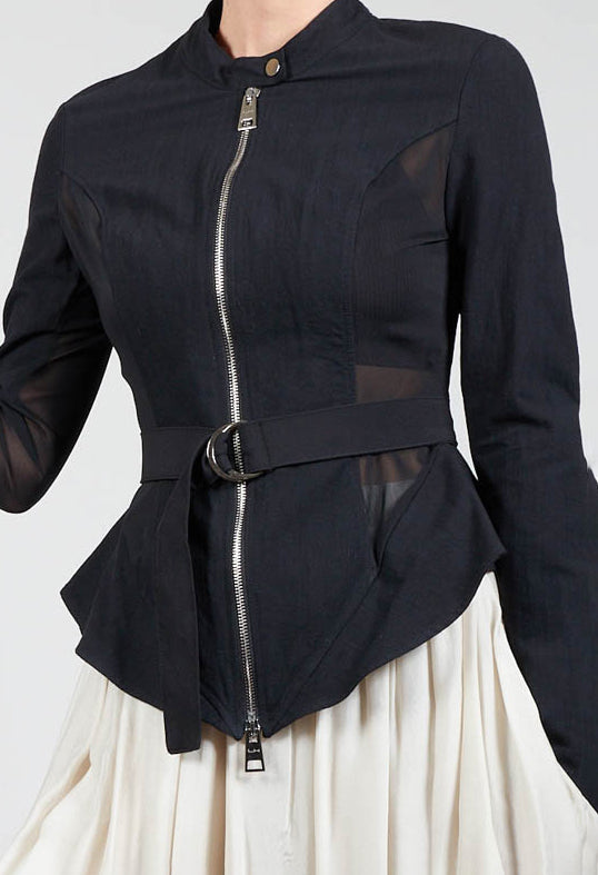 Mesh Panelled Jacket with Belt in Nero