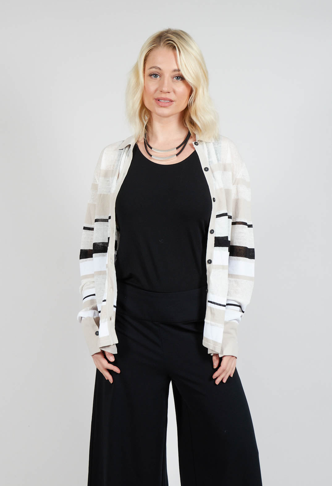 Long Sleeve Button Through Cardigan in Beige Stripe
