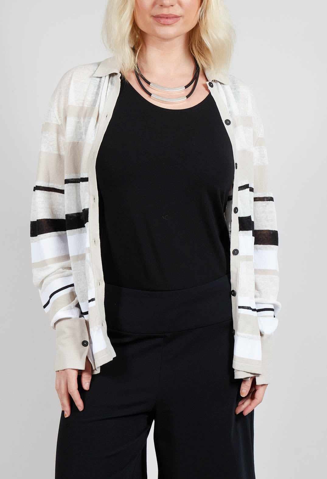 Long Sleeve Button Through Cardigan in Beige Stripe