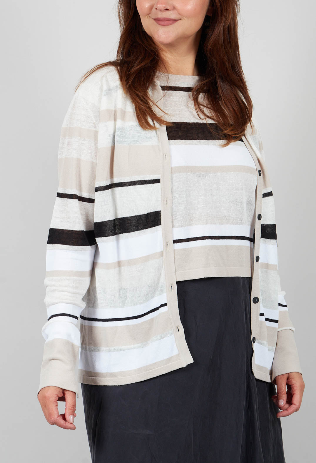 Long Sleeve Button Through Cardigan in Beige Stripe