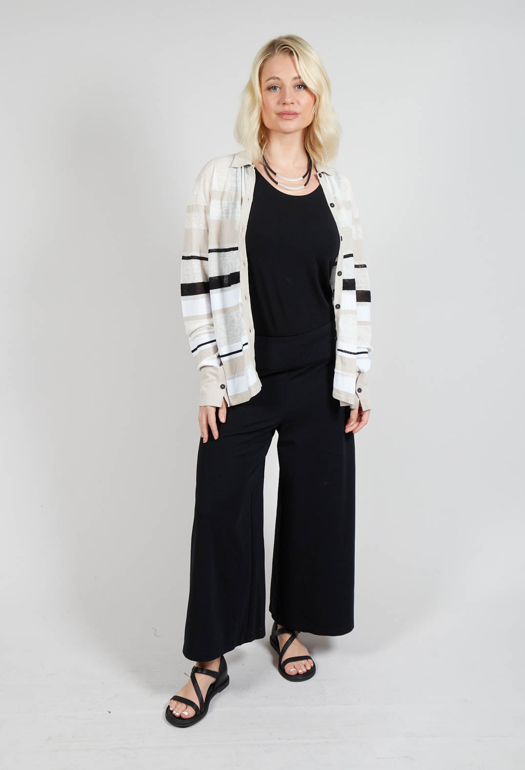 Long Sleeve Button Through Cardigan in Beige Stripe