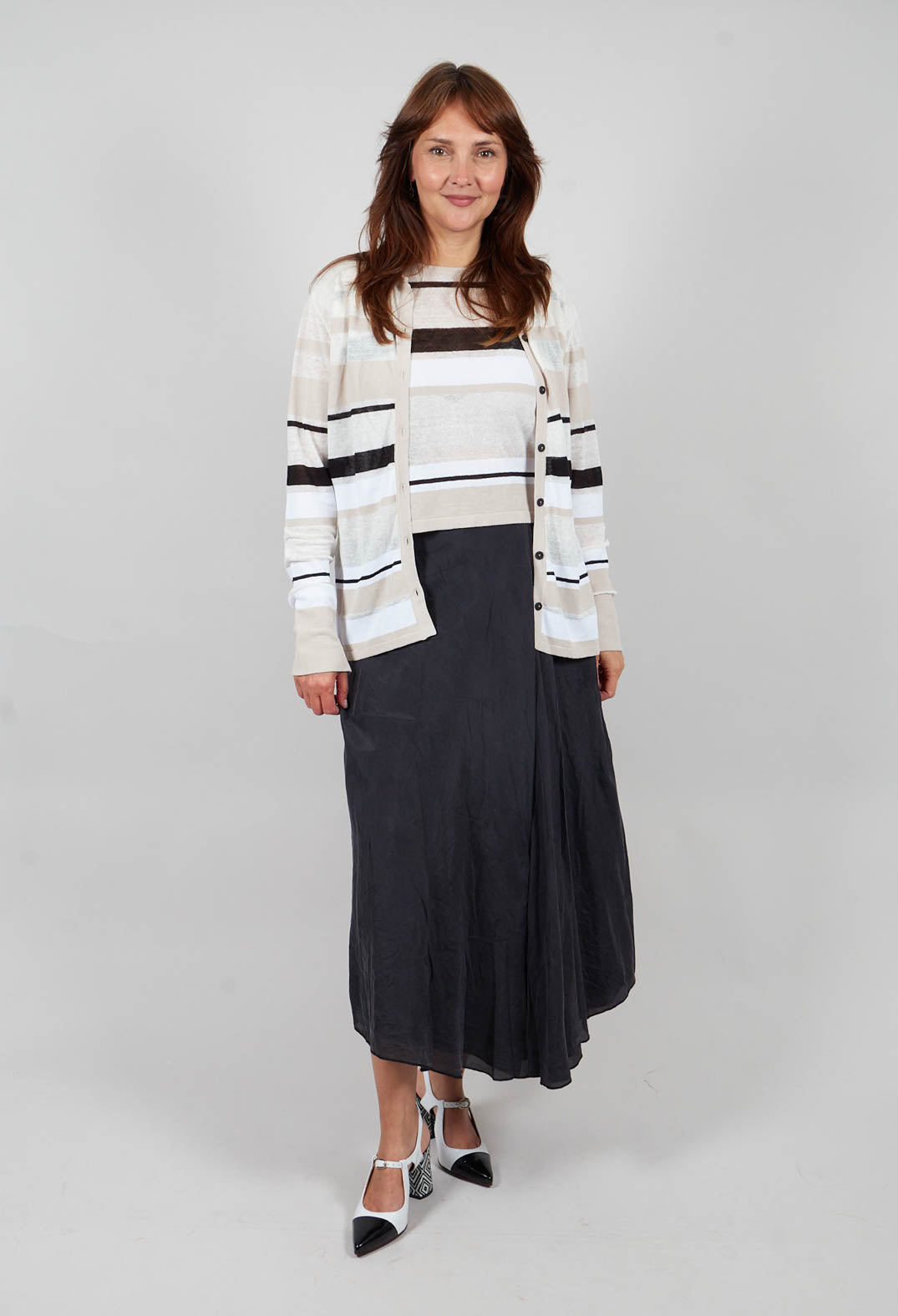 Cropped Knitted Top with Button Detail in Beige  Stripe