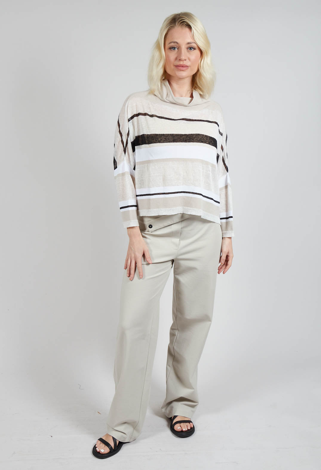 High Neck Knitted Top in Beige Stripe