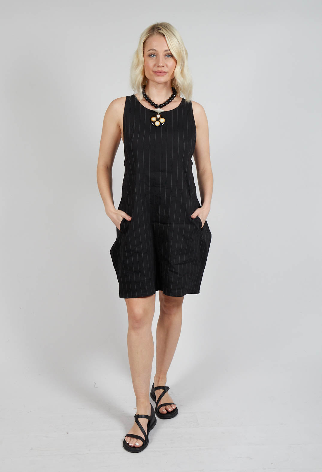 Short Pinstripe Dress with Elasticated Belt in Black
