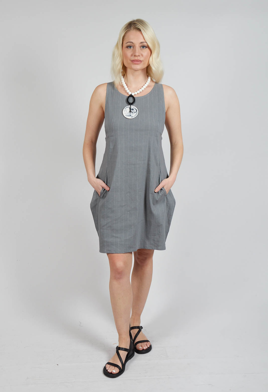 Short Pinstripe Dress with Elasticated Belt in Grey