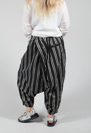 Dropcrotch Trousers with Asymmetric Pleat in Black and Beige Stripe