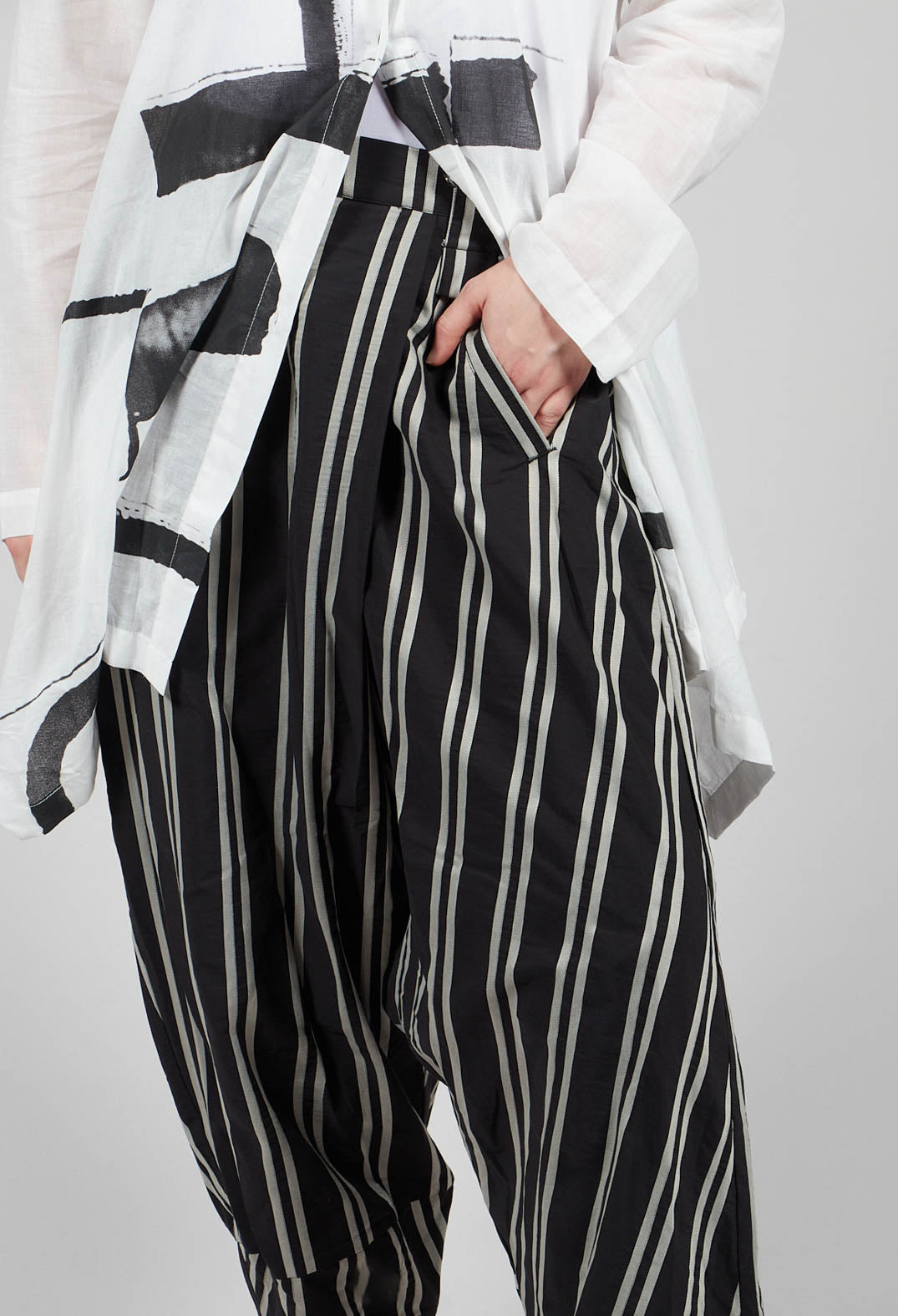 Dropcrotch Trousers with Asymmetric Pleat in Black and Beige Stripe
