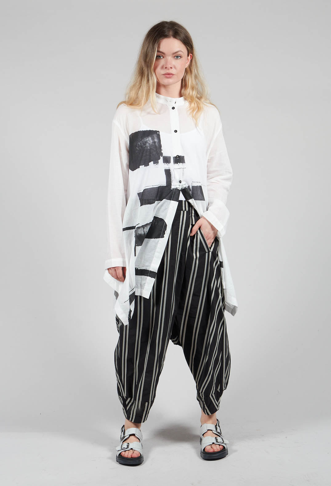 Dropcrotch Trousers with Asymmetric Pleat in Black and Beige Stripe