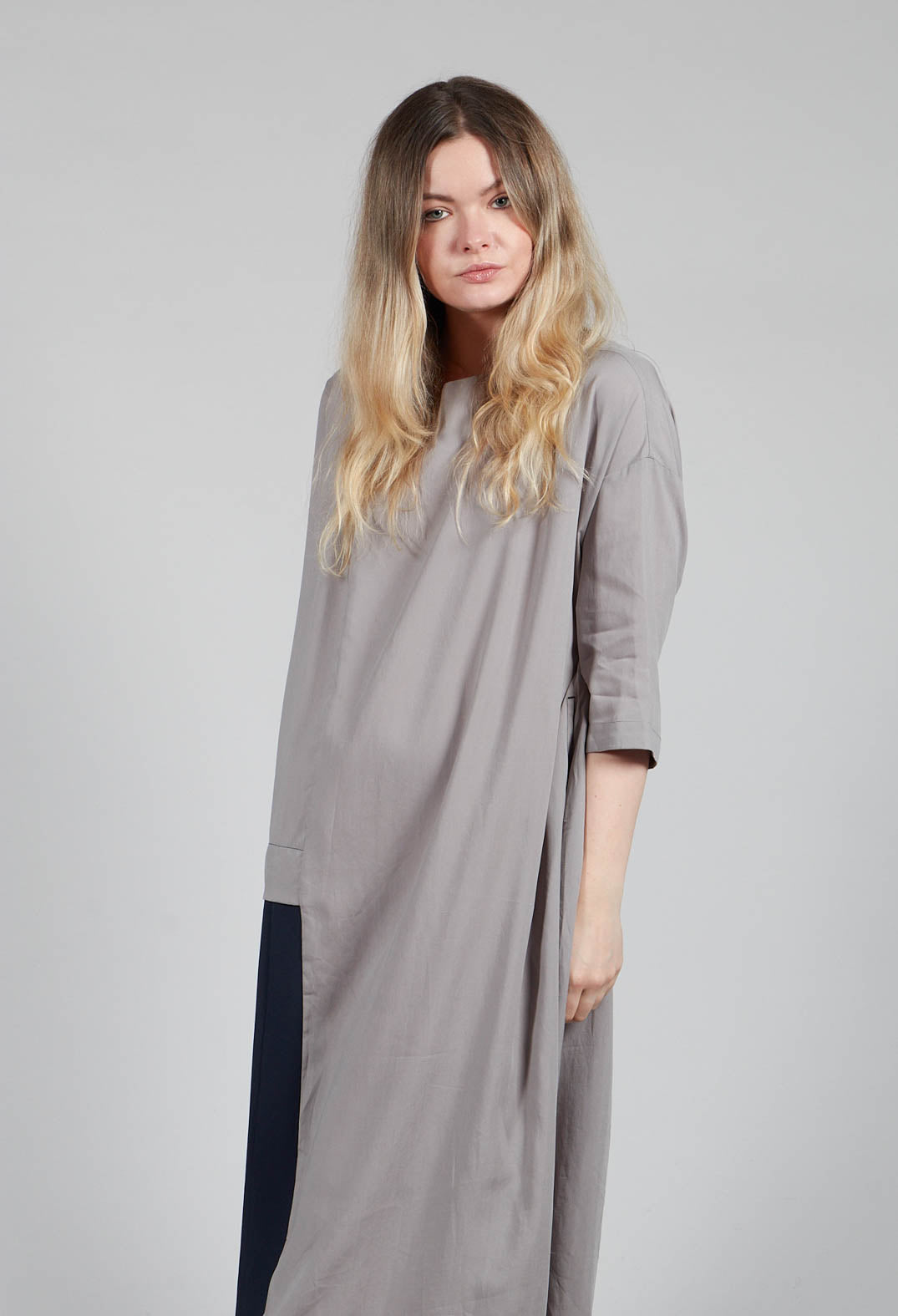 Loose Fit Dress with Off Centre Pleat Detail in Grey and Navy