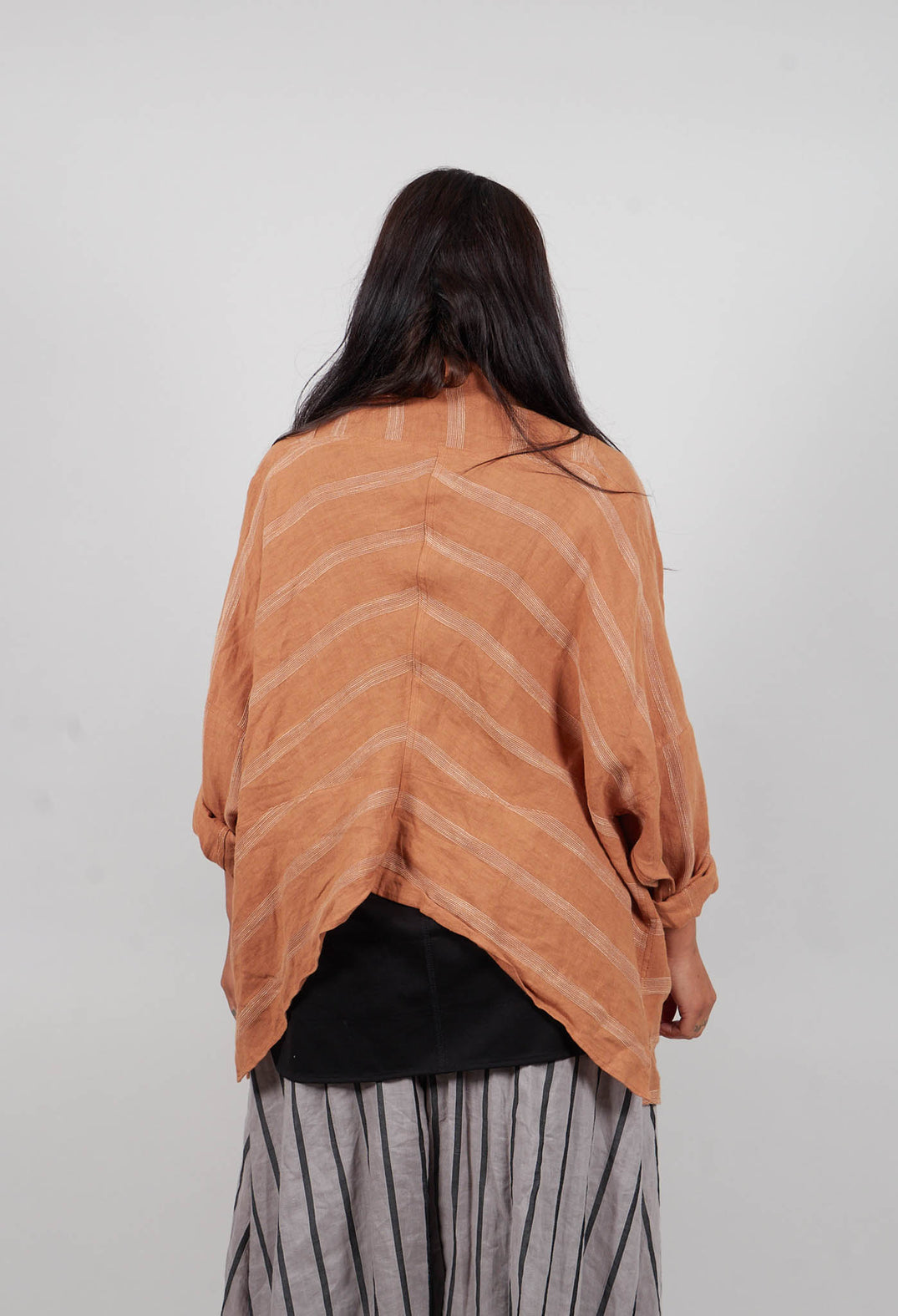 Cropped Open Front Jacket in Brown Stripe