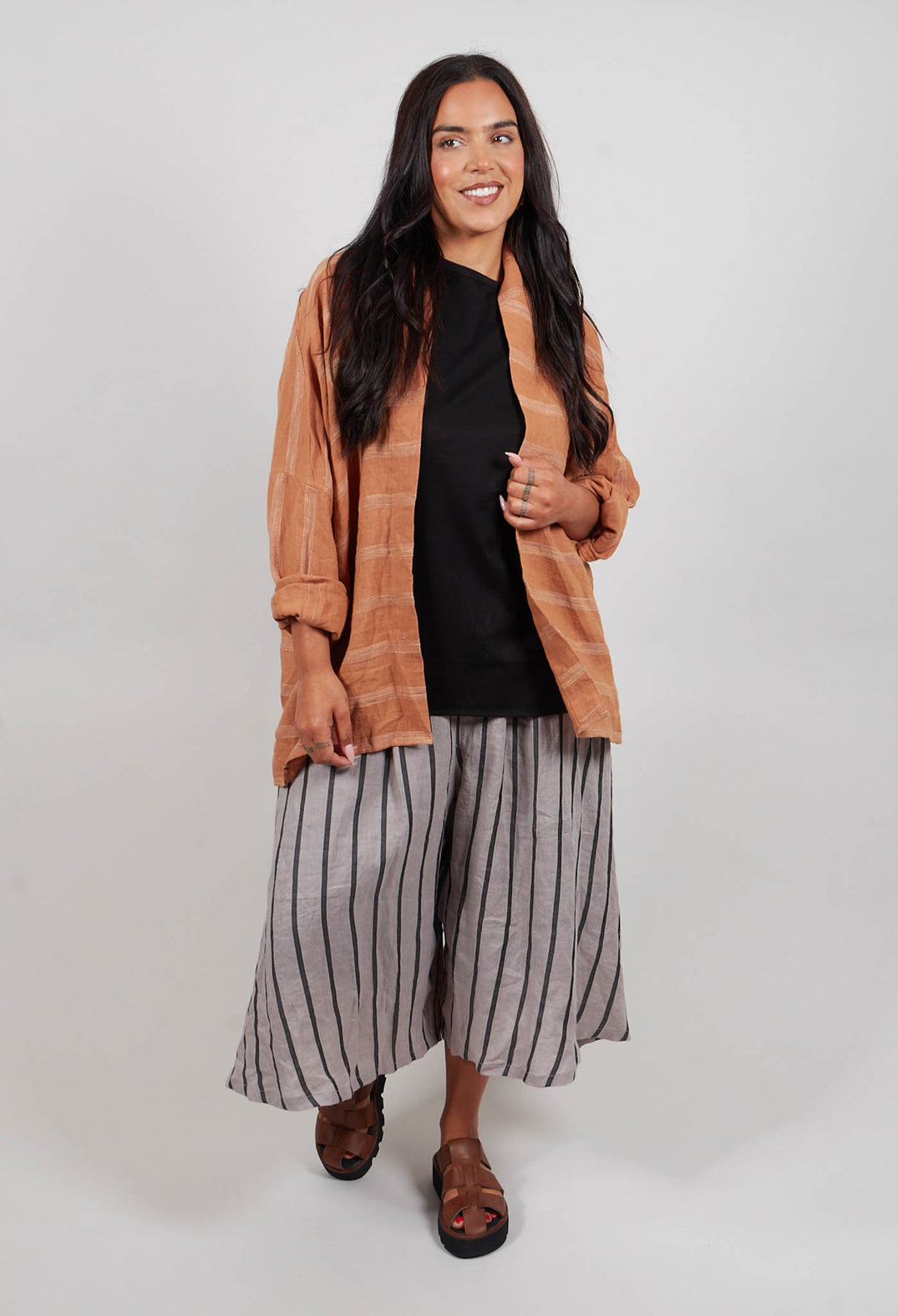 Cropped Open Front Jacket in Brown Stripe
