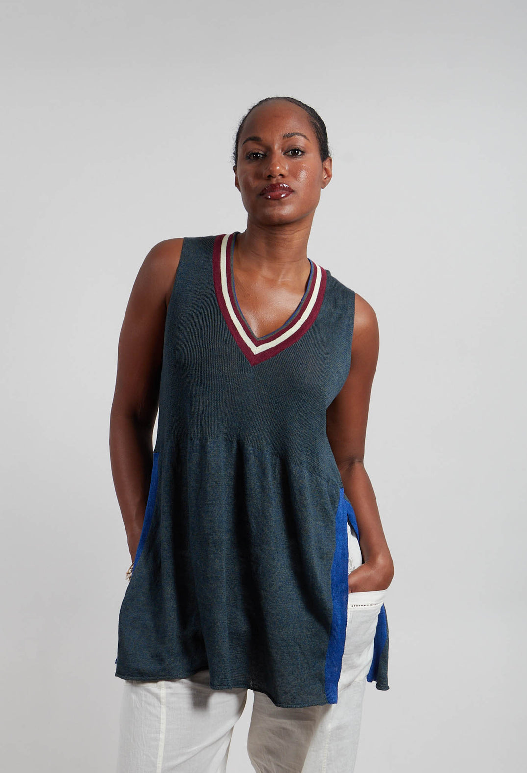 V Neck Vest in Laurel Oak and Jet Set