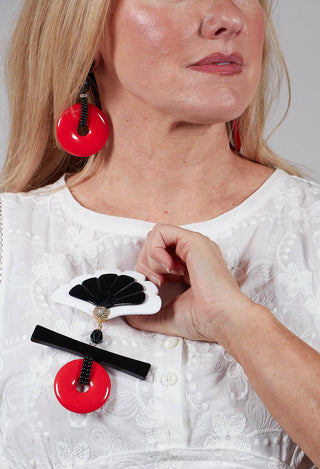 Large Fan Pendant Brooch in White, Black and Red