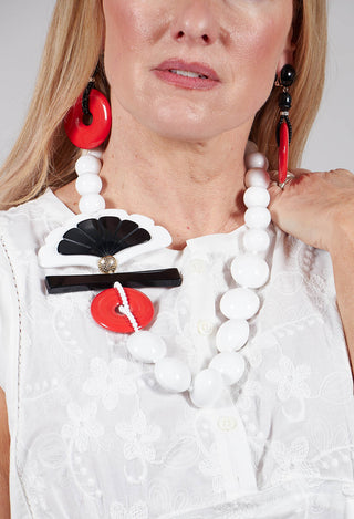 Beaded Necklace with Large Fan Pendant in White, Red and Black