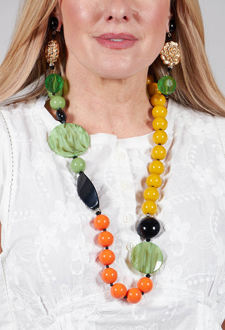Long Beaded Necklace in Mustard, Green and Orange