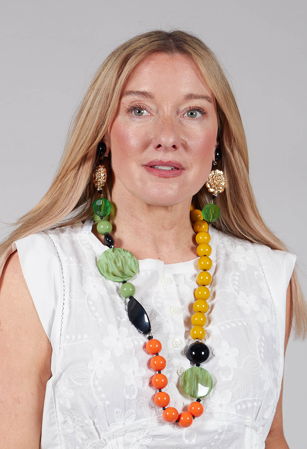Long Beaded Necklace in Mustard, Green and Orange