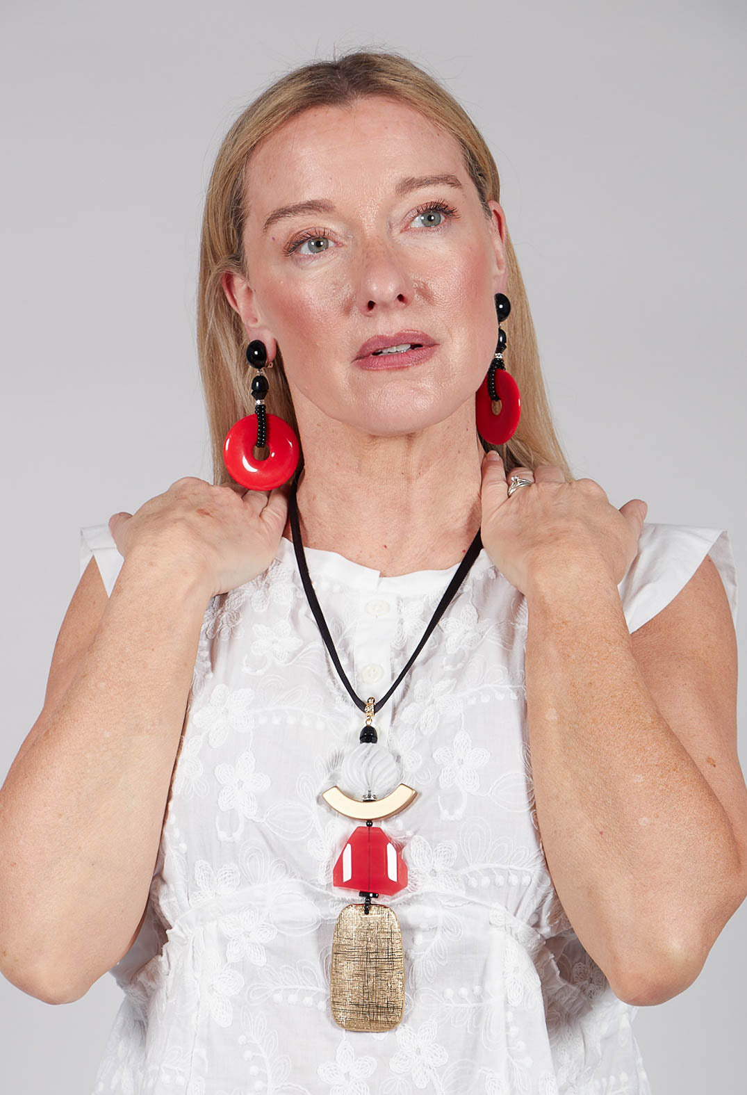 Adjustable Necklace with Long Drop Pendant in Red