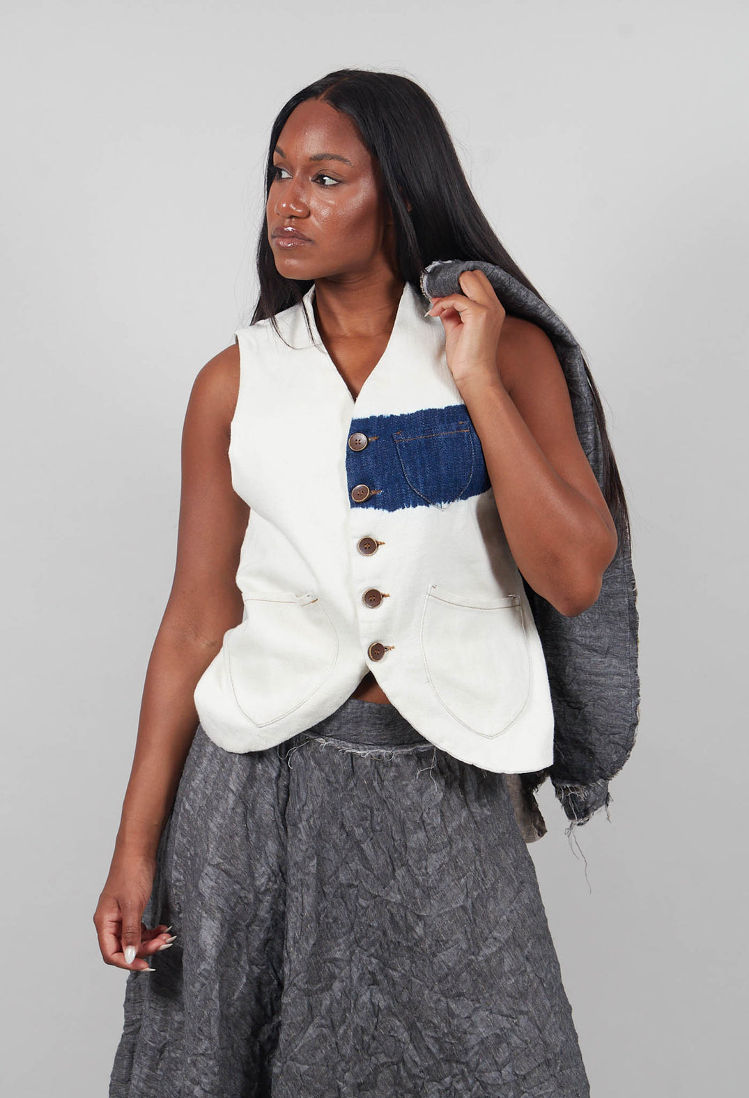 Button Through Waistcoat in Off White