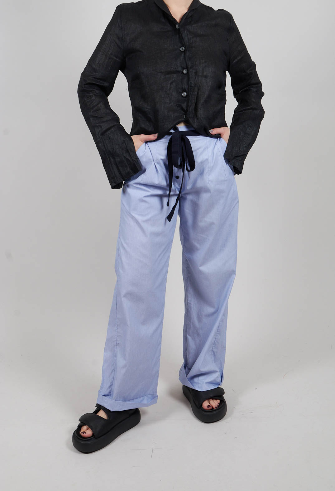Wide Leg Trousers with Buttons in Blue Pinstripe
