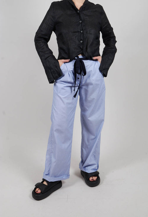 Wide Leg Trousers with Buttons in Blue Pinstripe