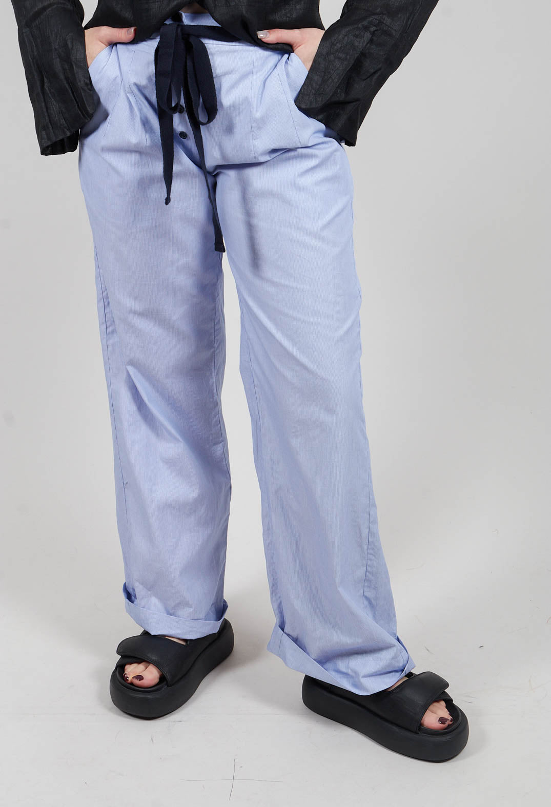 Wide Leg Trousers with Buttons in Blue Pinstripe