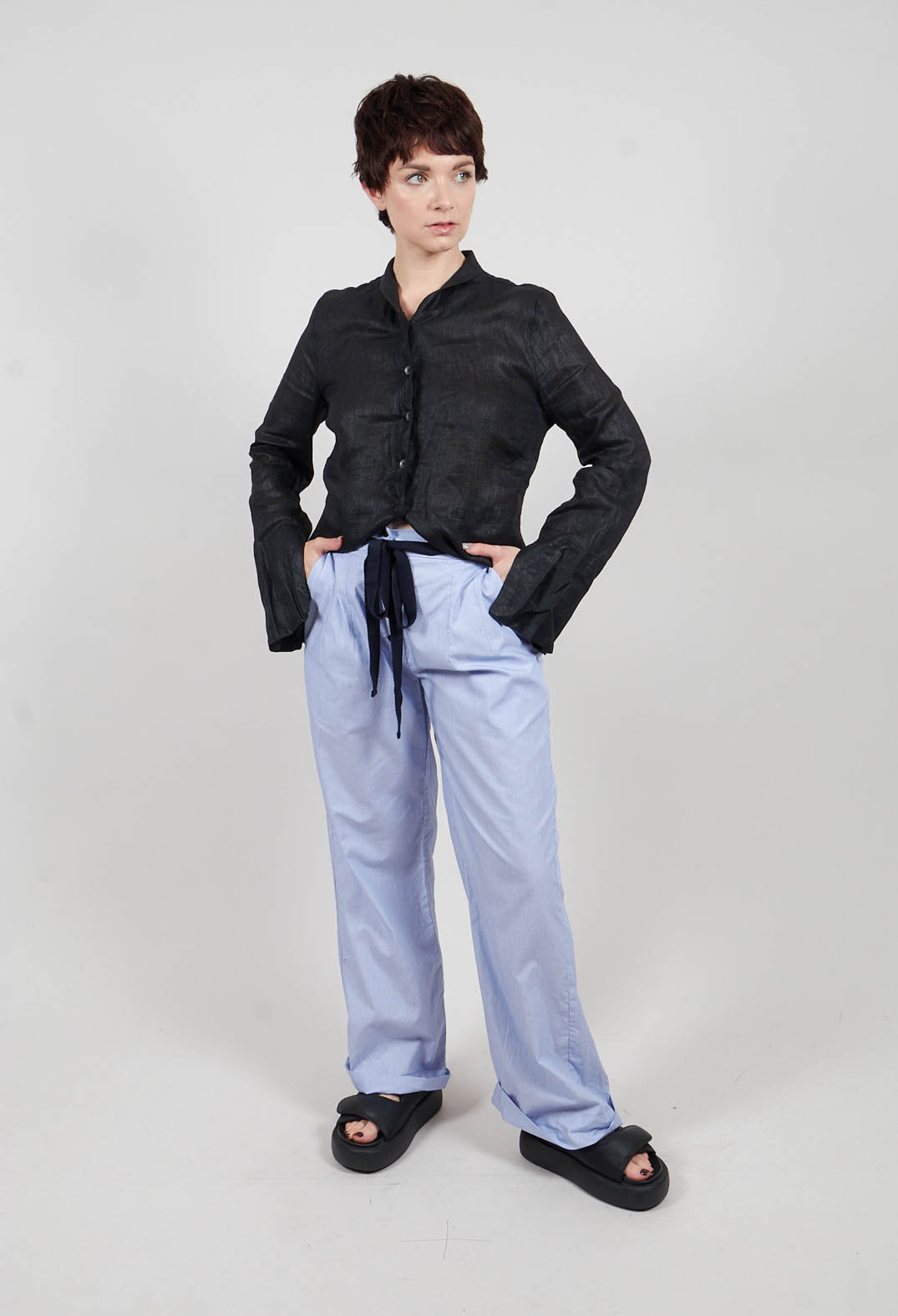 Wide Leg Trousers with Buttons in Blue Pinstripe