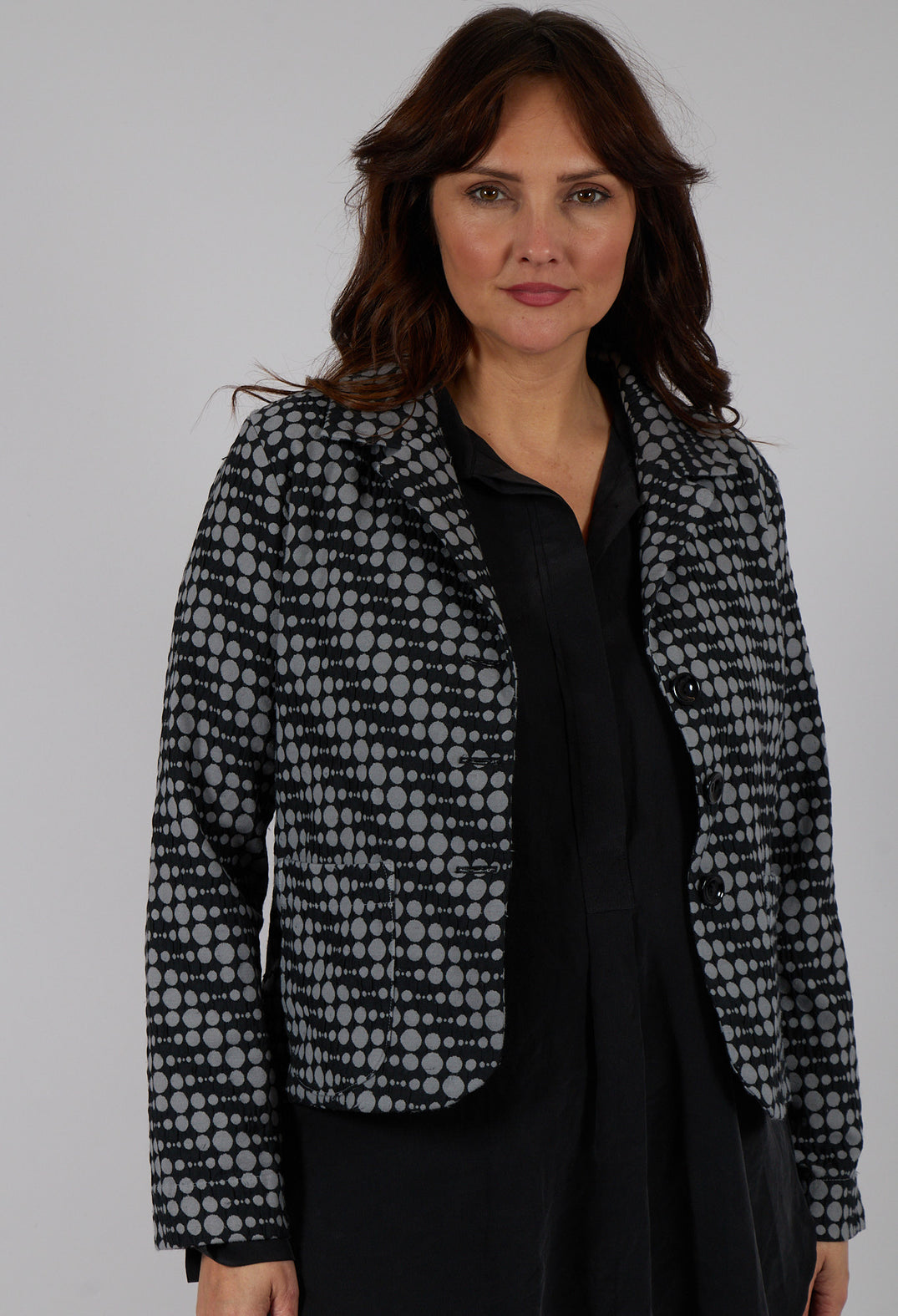 Spotty Jacquard Short Jacket with Button Front in Silver