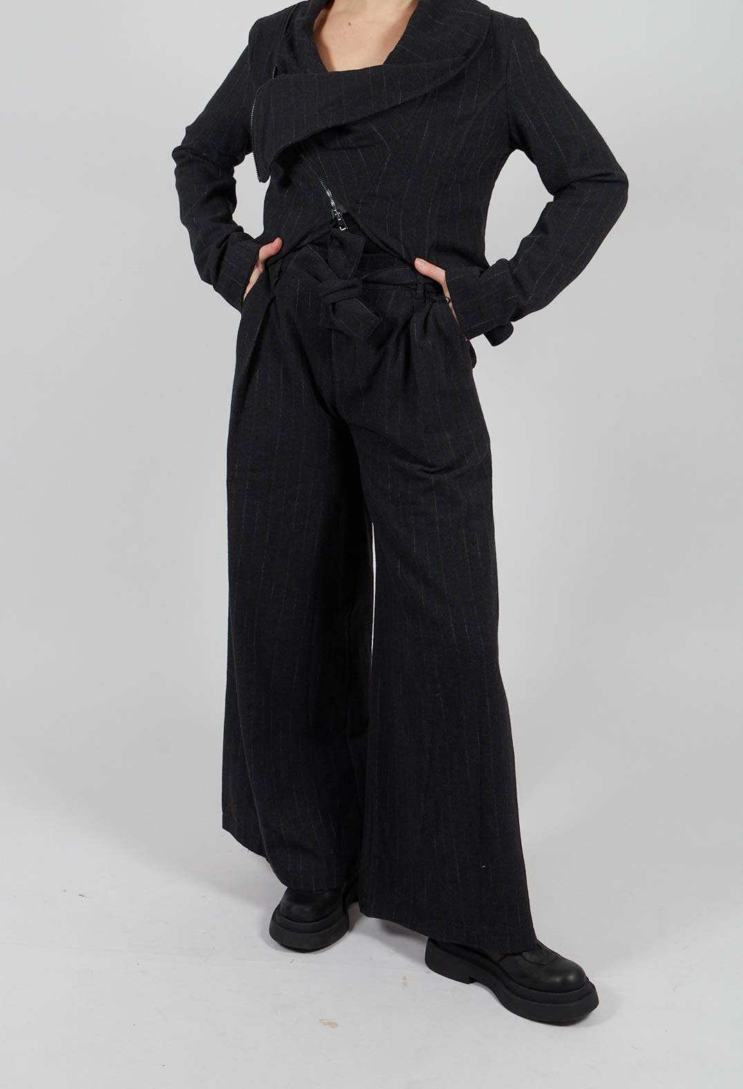 Cotton Blend Palazzo Trousers in Black Pinstripe