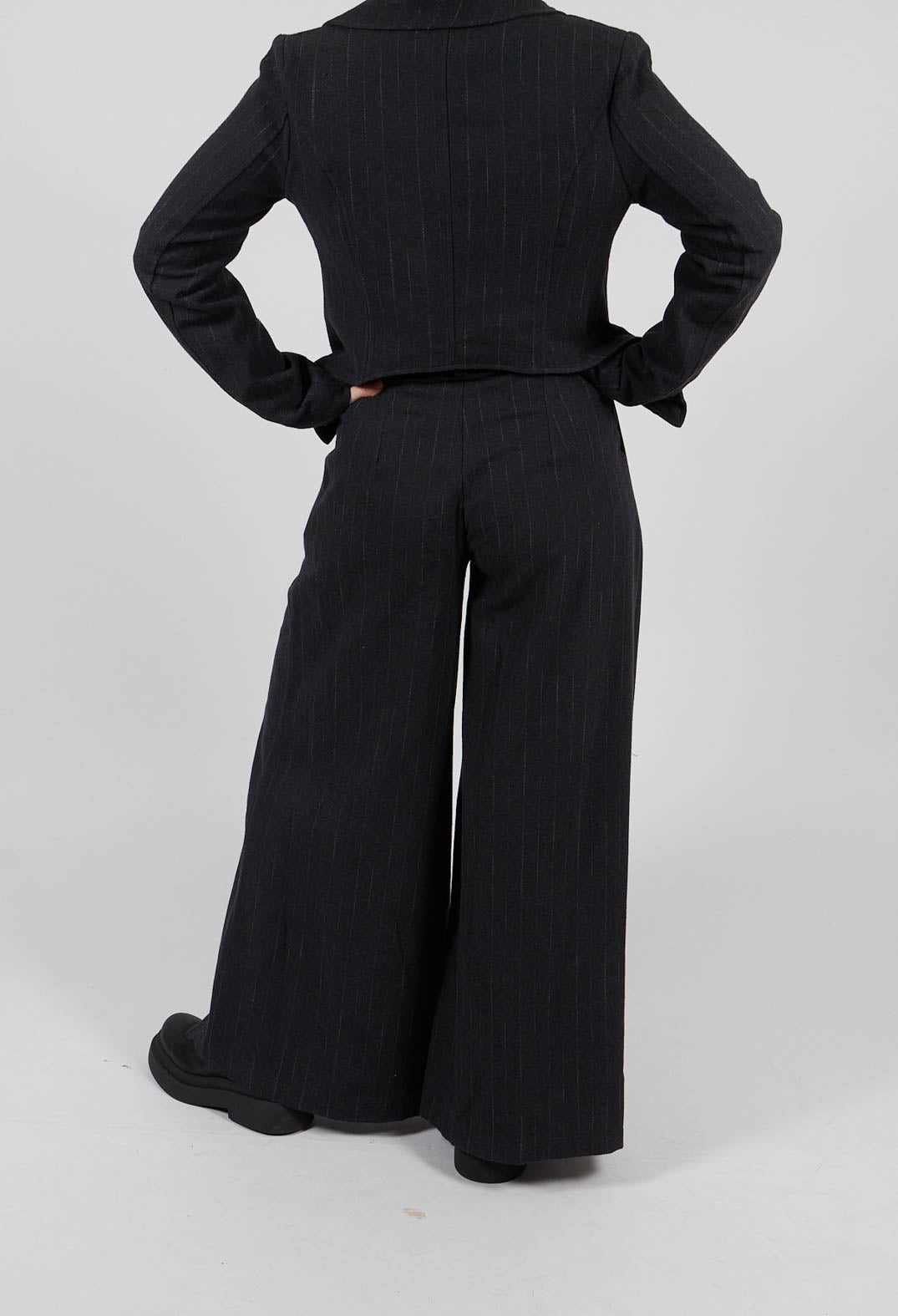 Cotton Blend Palazzo Trousers in Black Pinstripe